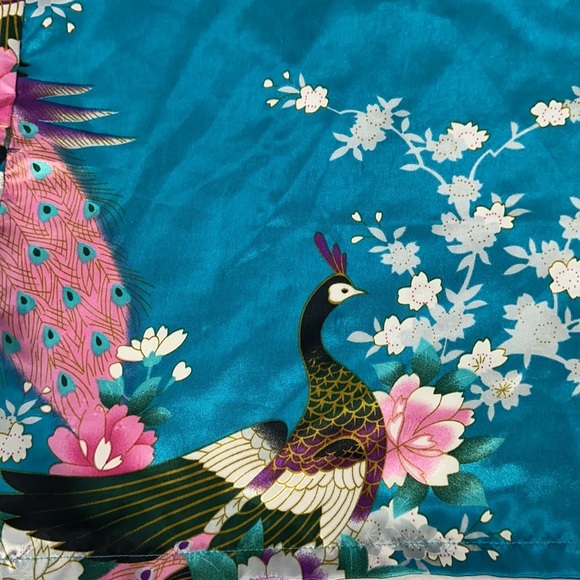 Zhong Sang 100% Satin Silky Kimono Duster Robe Open Front Floral Peacock Design - Picture 7 of 14